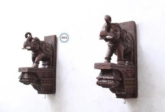 Handmade Trunk Upward Elephant Wall Brackets Wood Carved. Single