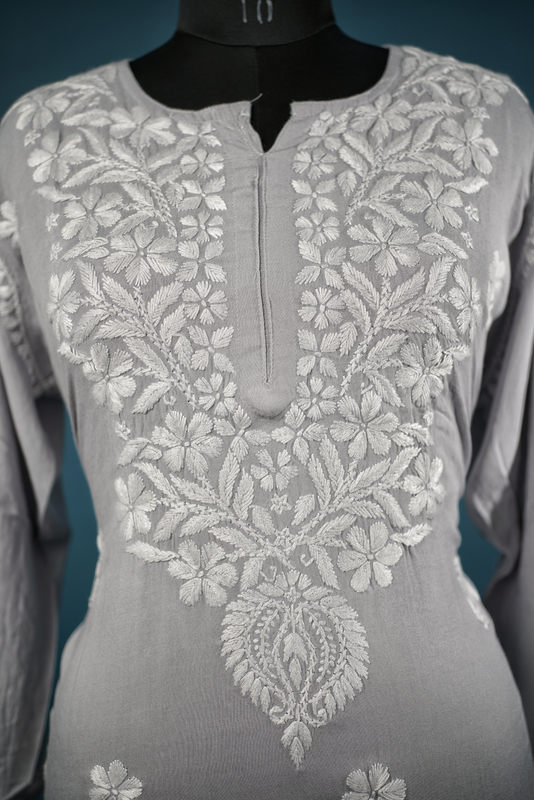 Grey Handmade Riyon Chikankari Kurti For Women